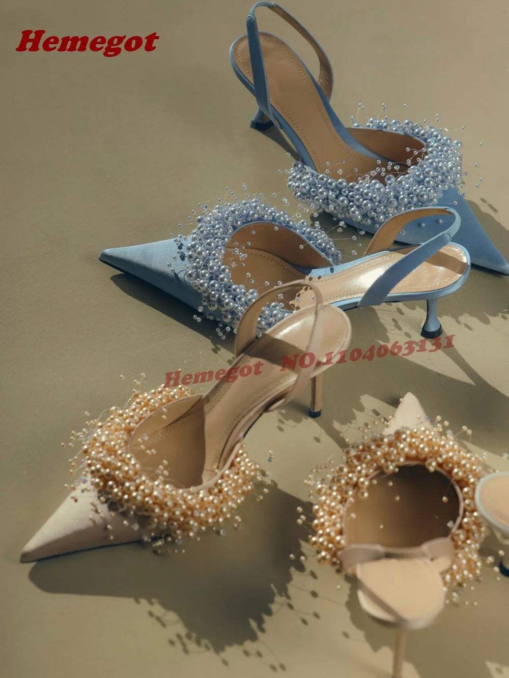 White Pearl Embellished Satin Slingback Pumps for Women