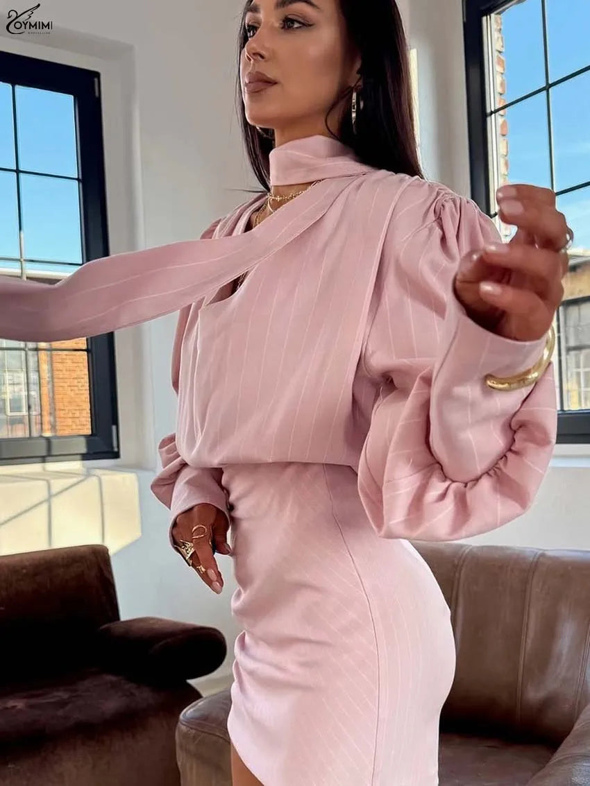 Oymimi Casual Pink 2 Piece Sets Woman Outfits Fashion V-Neck Lace-Up Long Sleeve Blouses And High Waist Slim Mini Skirts Sets