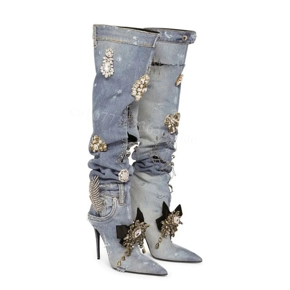 Demin Crystal Decor Boots Pleated over the Knee Shoes for Women Fashionable Thin High Heels Sexy Shoes 2025 Zapatos Para Mujere