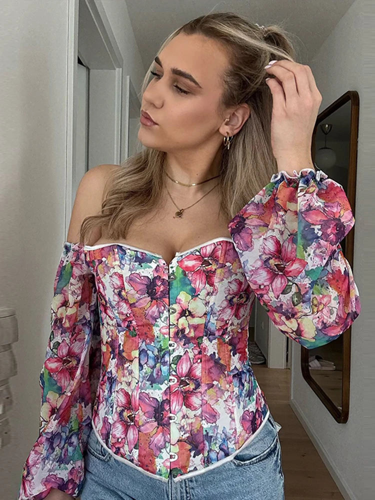 Sexy Off Shoulder Women Tops And Blouse Fashion Puff Sleeve Bodycon Crop Top Casul Holiday Beach Floral Blouses Shirt