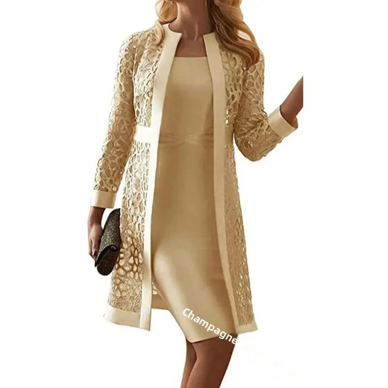 2025 Women's Lace Open Cardigan Dress Two-Piece Outfit Popular Wish Elegant Style Chinese Origin Fashionable Female Clothing