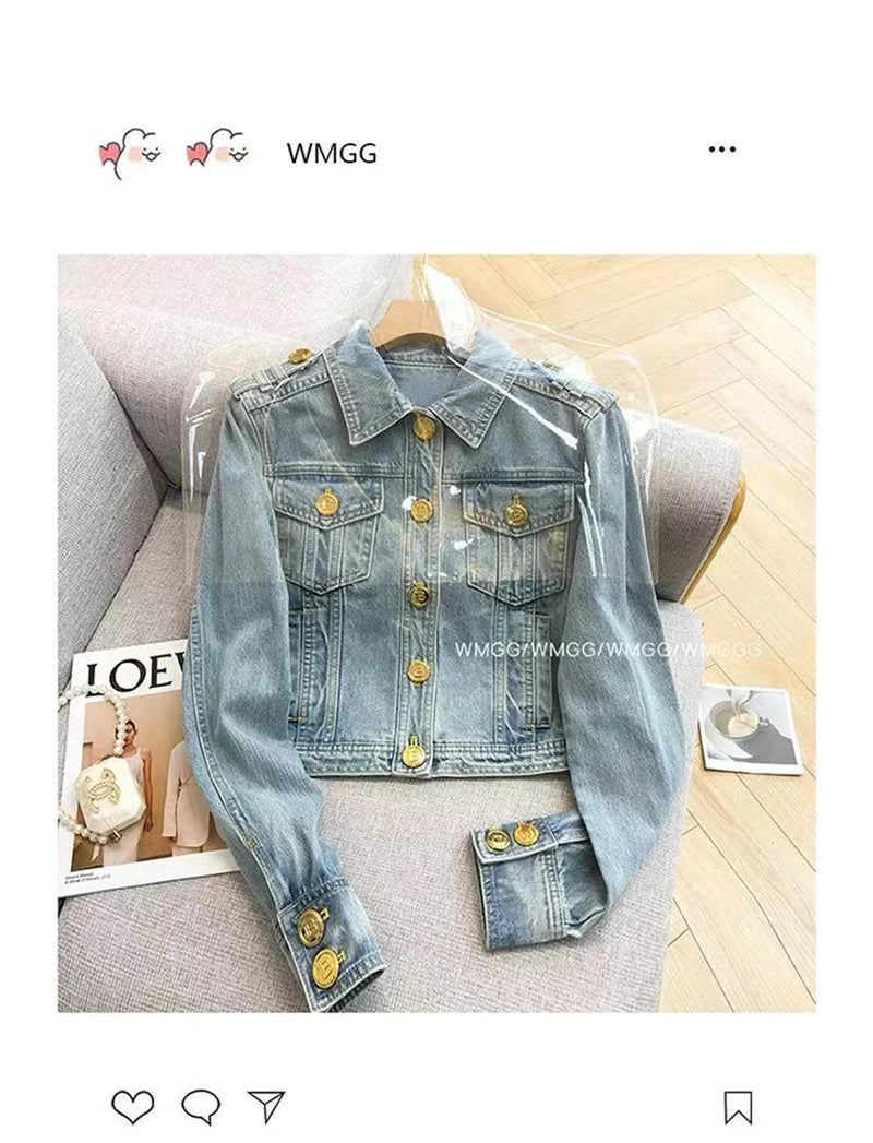 Short 2023 New Design Sense Heavy Industry Denim Coat Korean Wash Fashion Short Style Temperament Top Metal buckle Denim Jacket