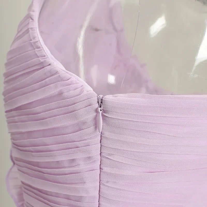 Chic Pleated Halter Neck Long Vacation Dress High Quality Purple Strapless Lotus Edge Maxi Dress 2025 New Lady Vacation Gown