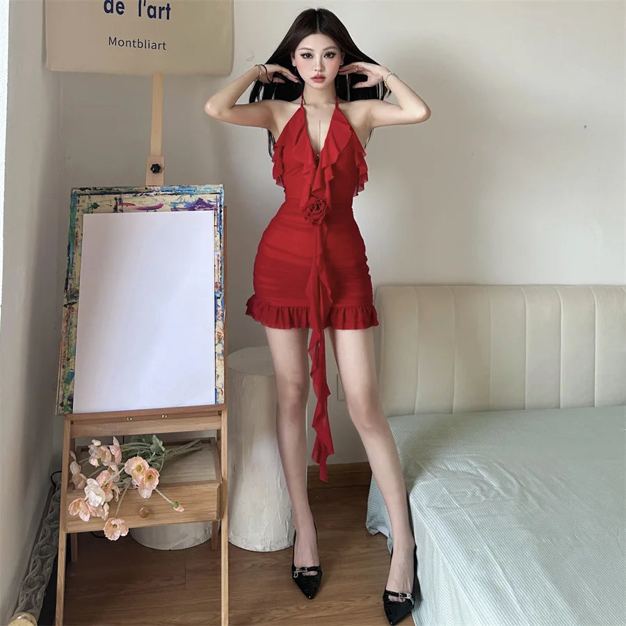 Sylcue Spring New Sweet Gentle Red Sexy Confident High Street Mature Beautiful Cool Women'S Short Ruffled Halter Dress