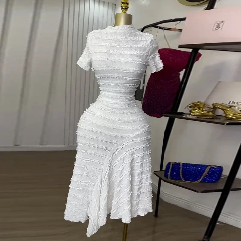 Women Short Sleeve O-neck Big Swing Elastic Dress 2025 Sweet Elegant Sexy Birthday Beach Night Party Vestidos Dresses