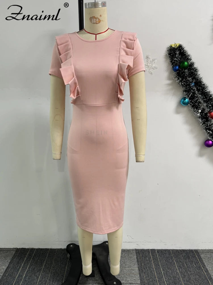 Znaiml Elegant Pink Ruched Short Sleeve Bodycon Mid Pencil Dress Women O-Neck Office Lady Slim Birthday Evening Party Clubwear