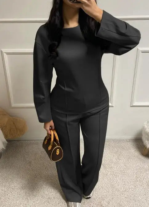 Autumn Casual Loose 2-Piece Set of Solid Color Round Neck Pit Stripe Spliced Top and High Waisted Straight Leg Pants Set