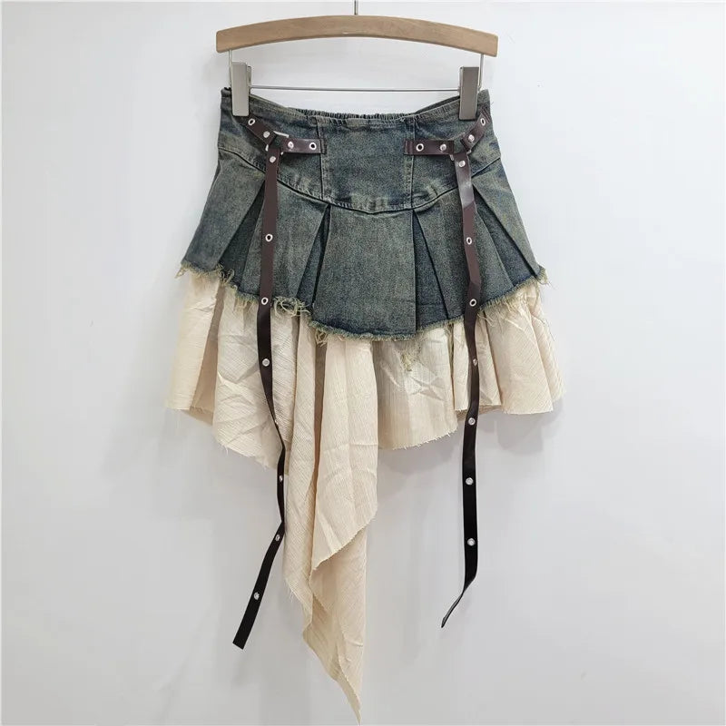 YEAE trendy fashion women's patchwork denim pleated skirt 2024 autumn new high waist strap design A-shaped skirt women