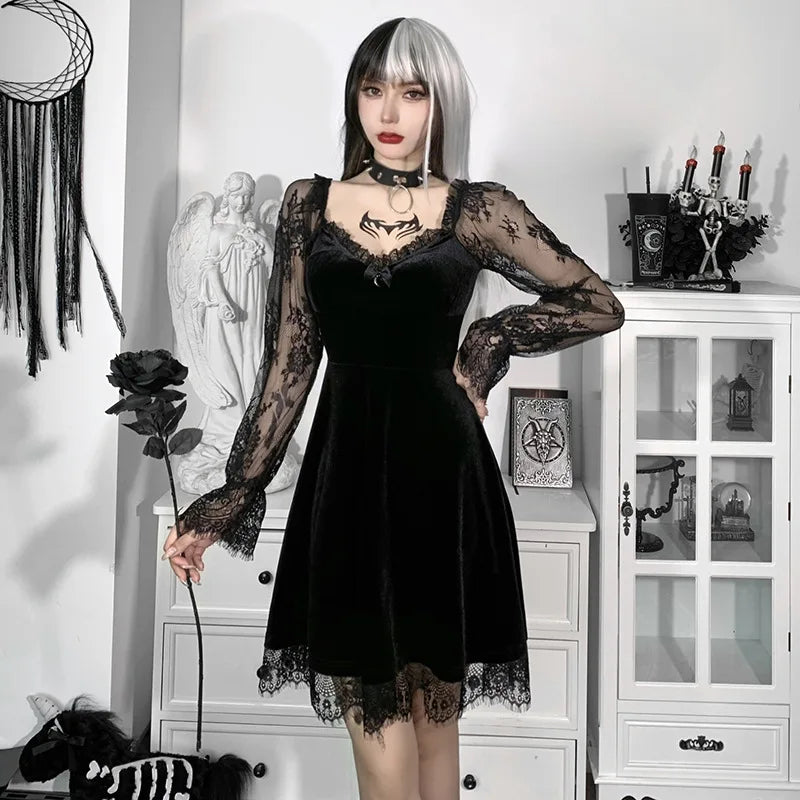 Y2K Hollow Cuffs Strapless Sexy Gothic Lace Dress Dark Style Pleated Knee-length Skirt Women‘s Slim Fit Fashion Women's Clothing