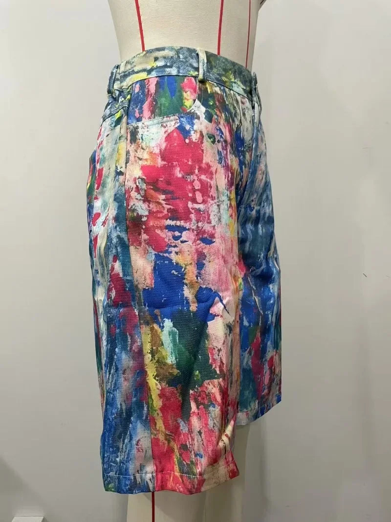 Summer Graffiti Colorful Painting Print Loose Casual Shorts Women High Waist Button Pockets Straight Short Trousers Streetwear