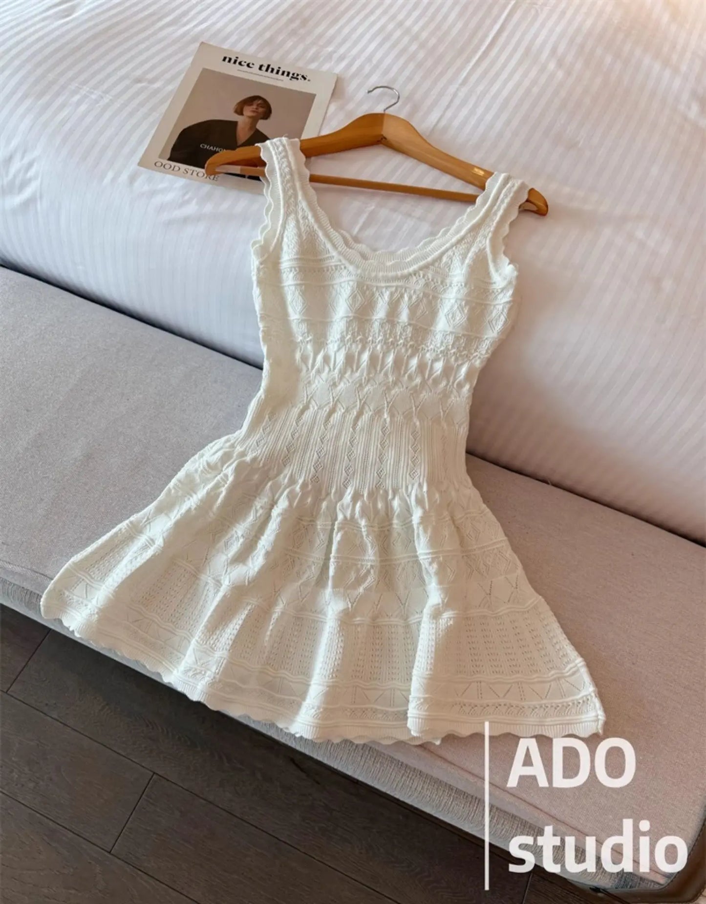 White Sweet A-line Ruffle Edge Knitted Vest Dress Women's Summer French Fashion Slim Temperament Sexy Girl Hollow Short Dress