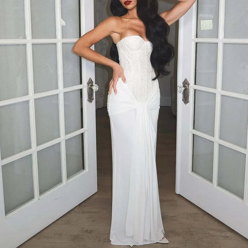 Summer Off Shoulder Ladies Long Dress Cocktail Party Backless Slim Women's Dresses White Sequined Strapless Tight Evening Dress