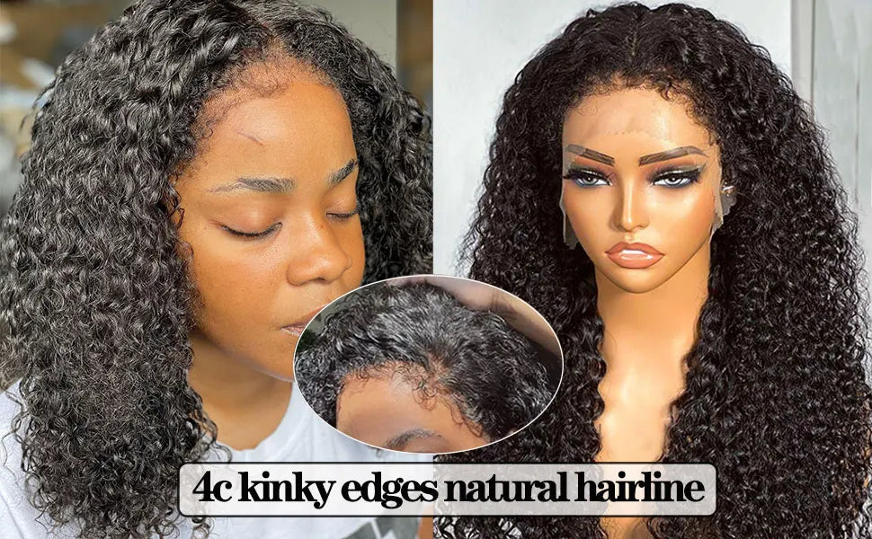 Deep Curly 360 Lace Front Wigs Human Hair With 4C Kinky Curly Edges 180% Density Glueless Pre Plucked Bleached Knots For Women