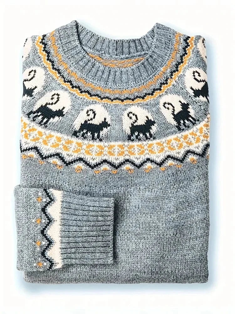 Plus Size Women's Retro Pattern Long Sleeve Sweater Round Neck Pullover Grey Best Choice for Autumn and Winter