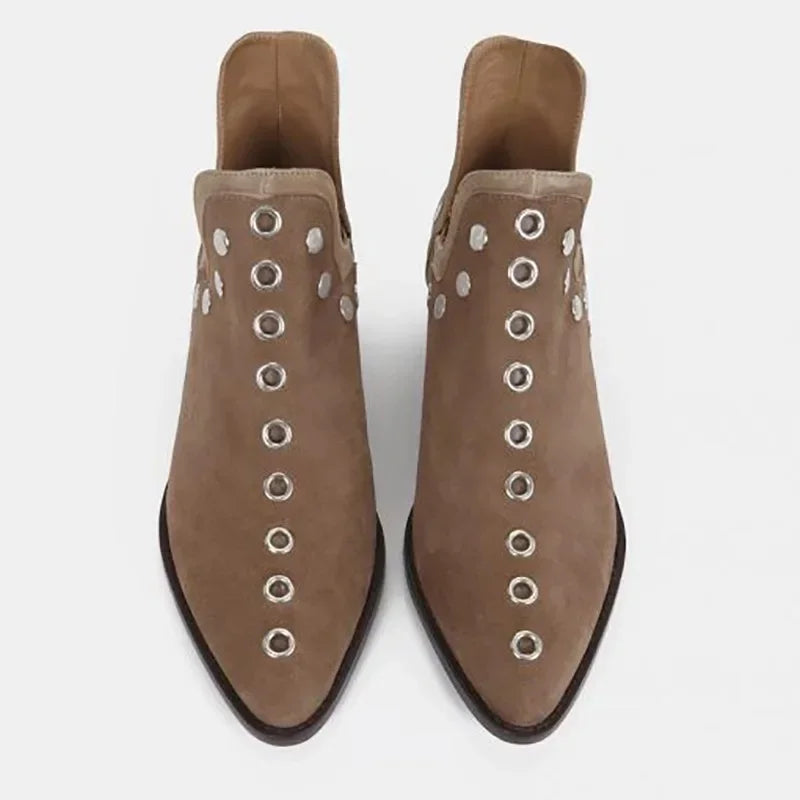 Slip On Pointed Toe Rivets Ankle Boots