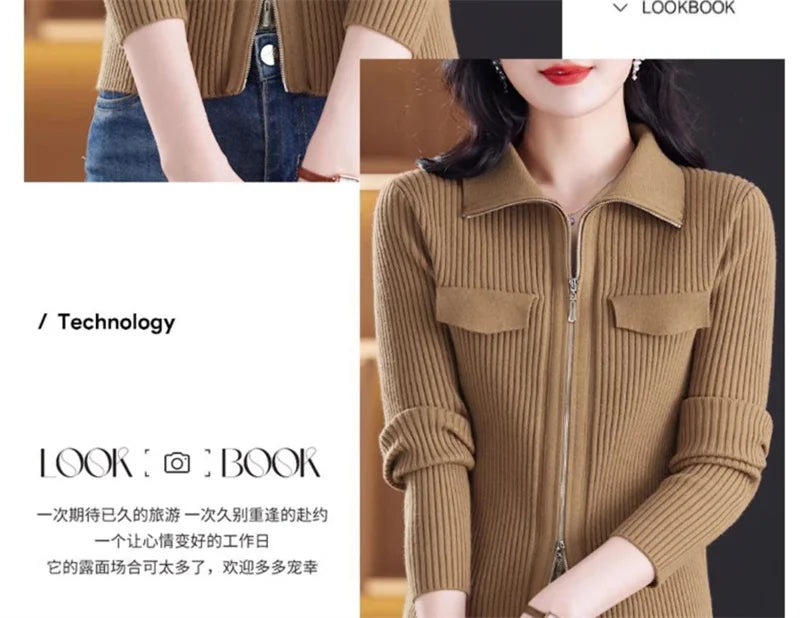 Fashion Zipper Short Knitted Cardigan Sweater 2025 Spring Autumn New Korean Versatile Coat Top Turn-Down Col Sweater Solid Color