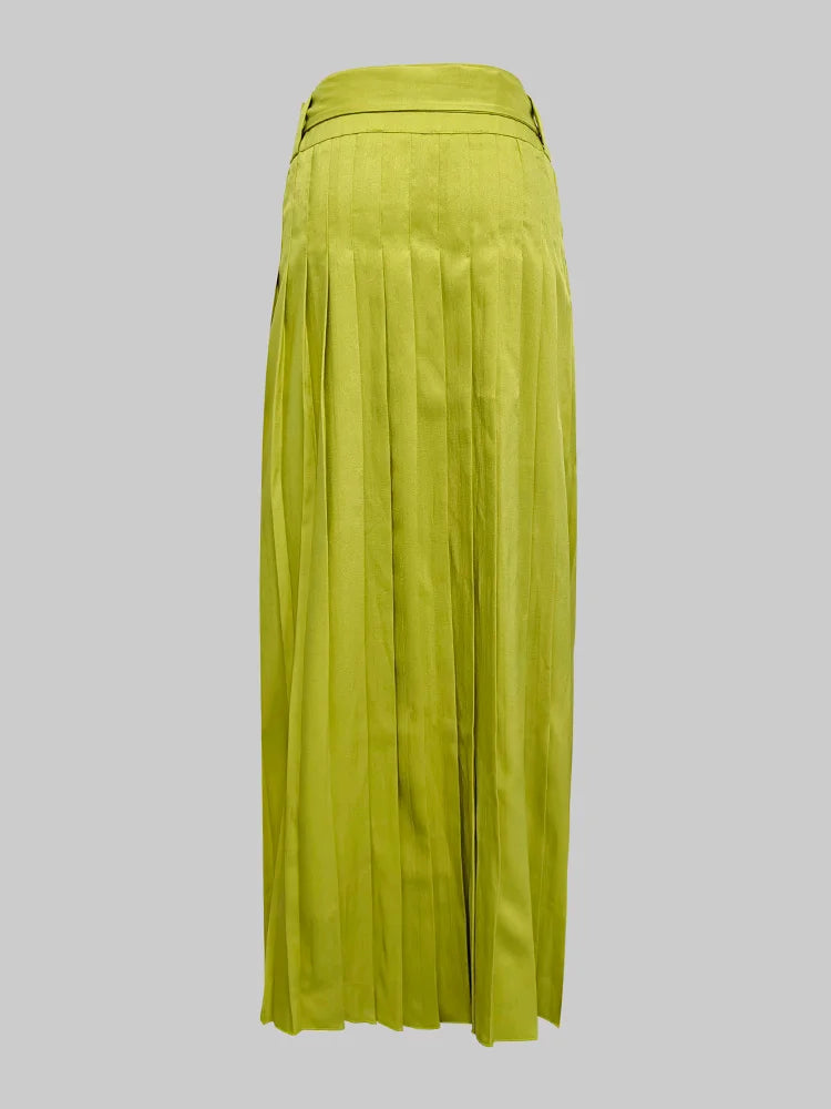 Beautyblue Elegant Retro Green Pleated Skirt Women's Long Skirts Fashion Loose High Waisted Split-Side with Belt Elegant Bottoms