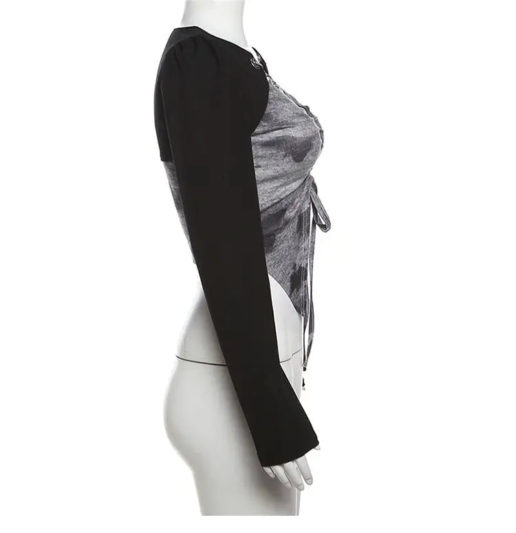 Hong Kong Style Retro Tie-dyed Unique Splicing Design and Sense Dovetail Slim T-shirt for Women Sweet Sexy Versatile Base Shirt