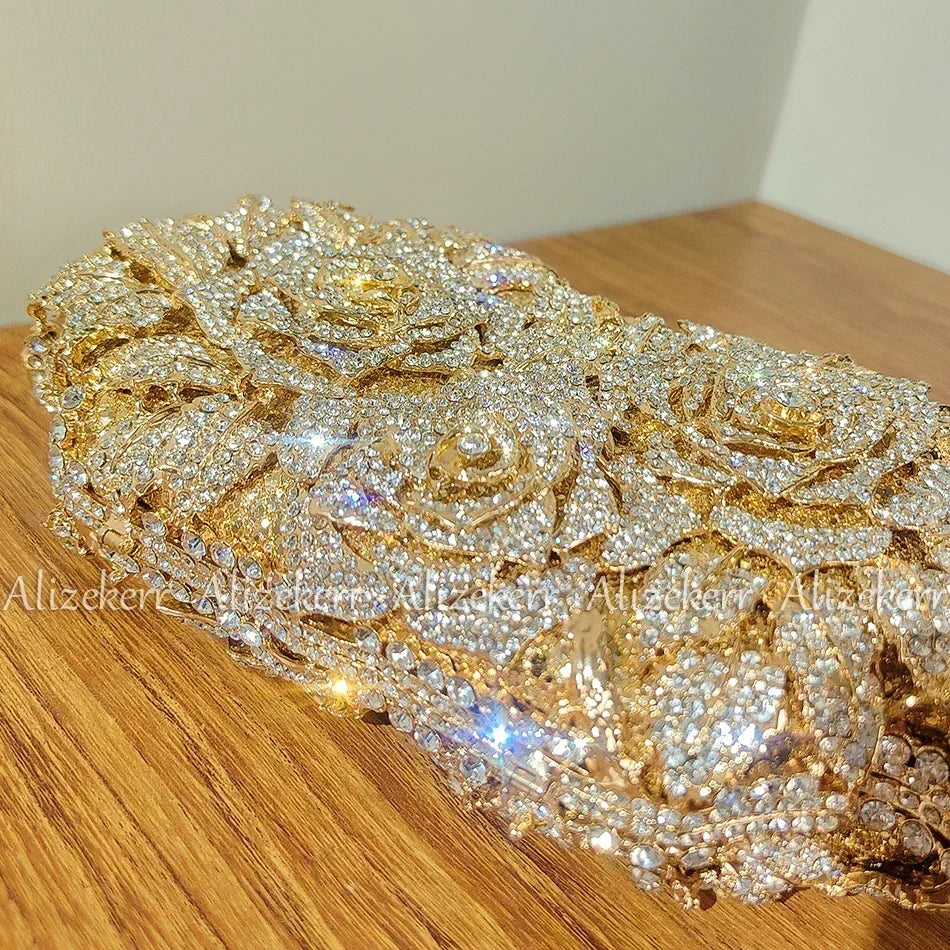 Alizekerr Rose Crystal Evening Clutch Bags Women New Luxury Boutique Sparkling Diamond Flower Purses And Handbags Wedding Party