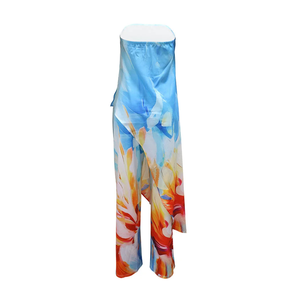 CM.YAYA Beach Holiday Print Women's Set Strapless High Low Blouse Top and Pants Suit 2025 Street Summer Two 2 Piece Sets Outfit