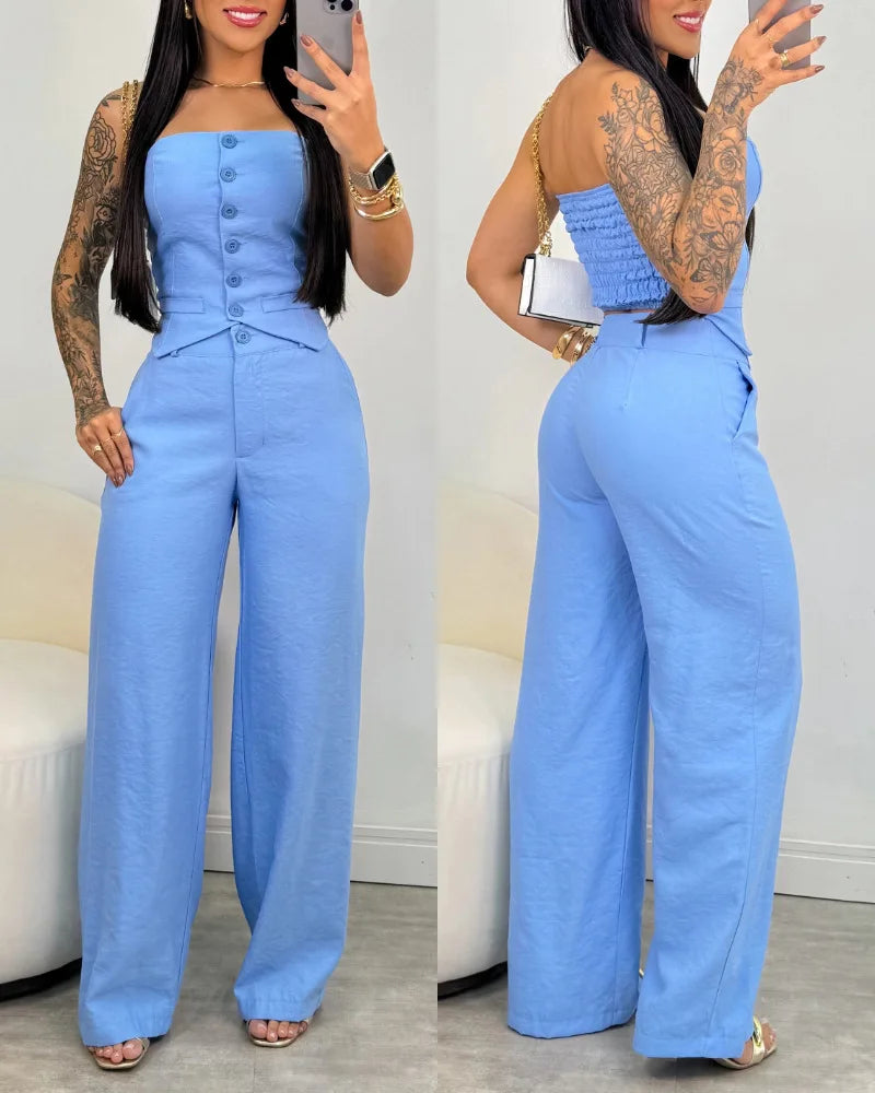 Women Fashion Sexy Summer 2 Pieces Outfit Bandeau Button Decor Vest Top & Casual Wide Leg Pants Set