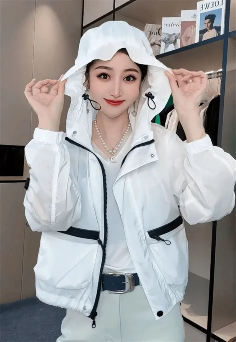 Spring and Autumn Lightweight Sunscreen Clothes for Women's Outdoor Wear 2025 White Hooded Loose Casual Summer Jacket Pink Orang