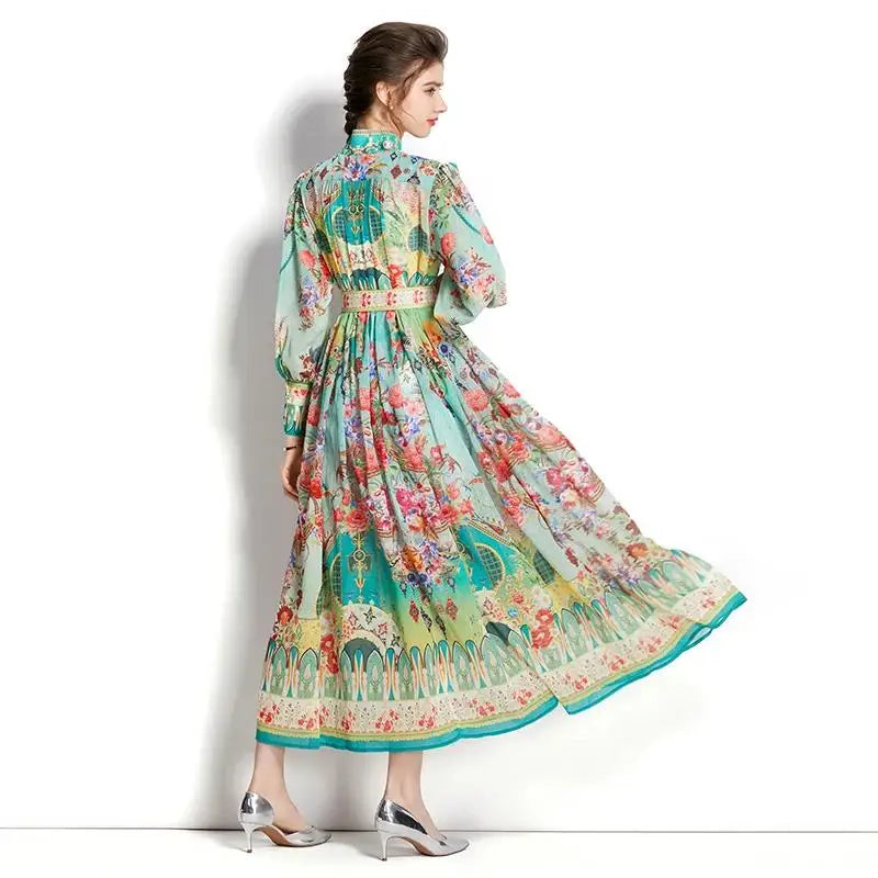 Women's Turtleneck Lantern Sleeve Single Breasted Flower Print Maxi Dress Autumn Bohemian Chiffon Green Belt Holiday Vestidos