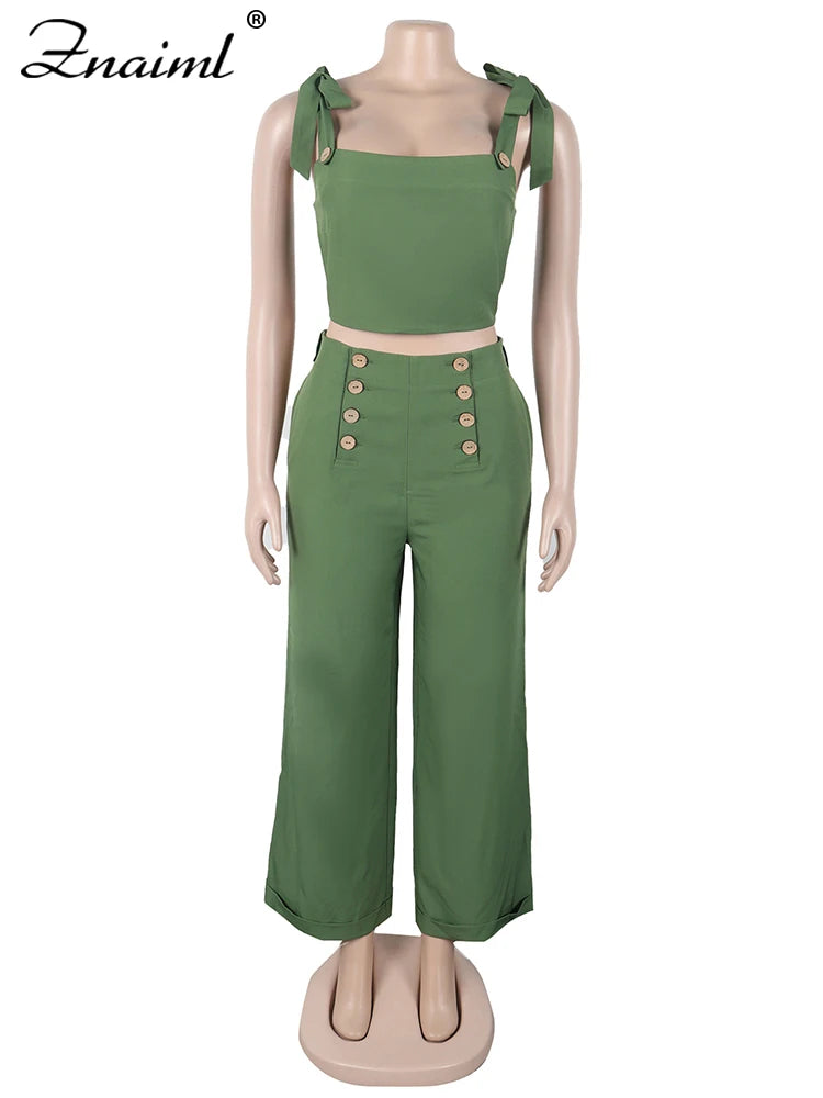 Znaiml Green Tie Shoulder Ruched Wide Strap Slim Fit Crop Top and Wide Leg Pant 2 Pieces Women Summer Streetwear Matching Sets
