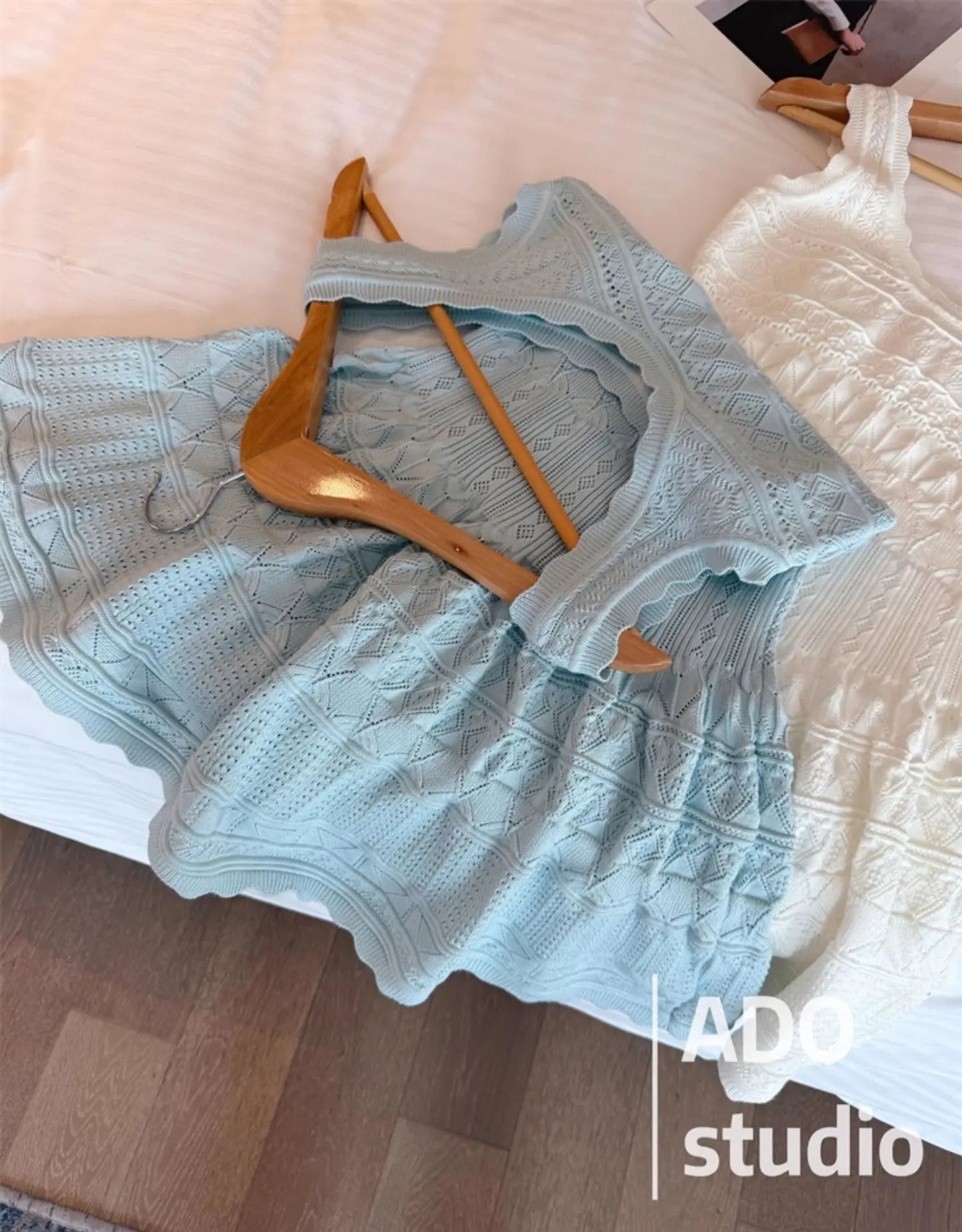 White Sweet A-line Ruffle Edge Knitted Vest Dress Women's Summer French Fashion Slim Temperament Sexy Girl Hollow Short Dress
