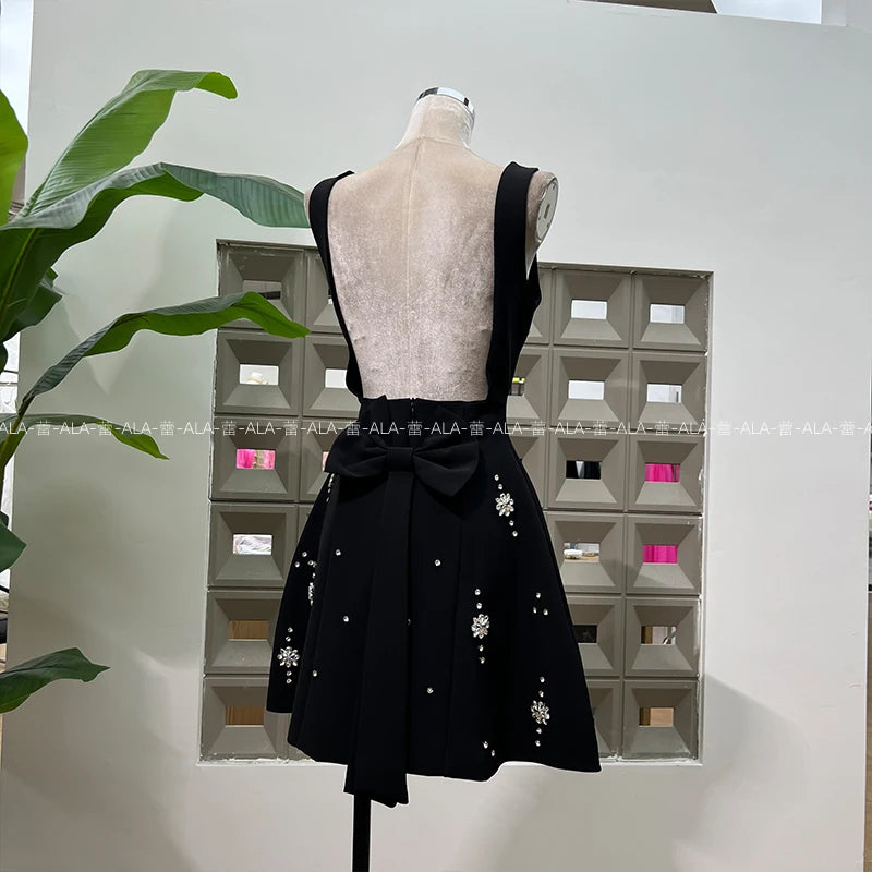 High-end Light Luxury Party Dress 2025 Summer Clothes New Heavy Industry Diamond Square Collar Waist Halter Bow Short Dress