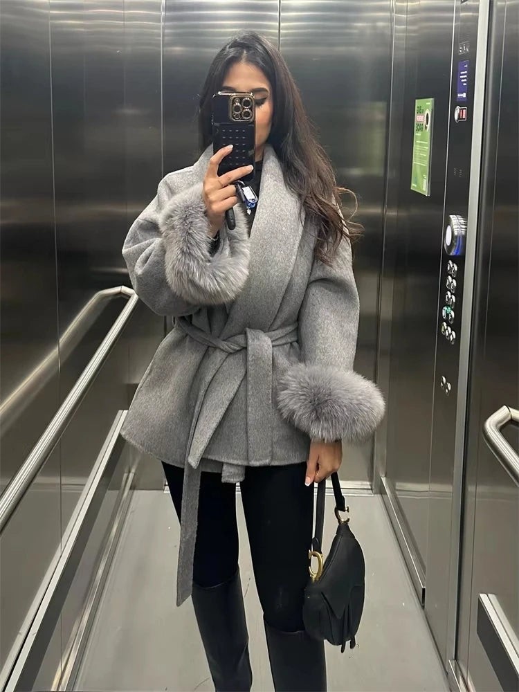 Plush Cuffs Belt Women 's Coats Elegant Lapel Faux Fur Sleeve Twist Open Coat Female 2025 Autumn Winter Fashion Lady Streetwears