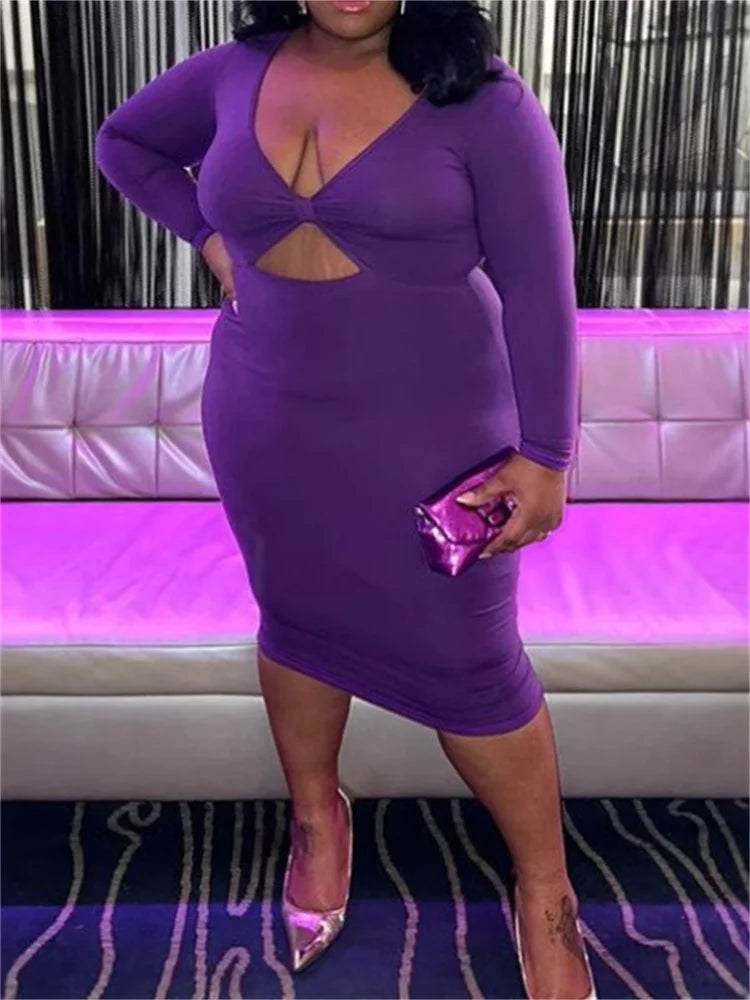 Wmstar Plus Size Dresses Women Bodycon Stretch V Neck Hollow Out Elegant Long Sleeve Maxi Dress Summer Wholesale Dropshipping