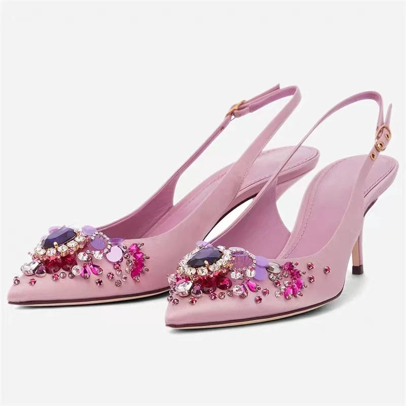 Elegant Pink Floral Rhinestone Slingback Wedding High Heels Pumps for Women