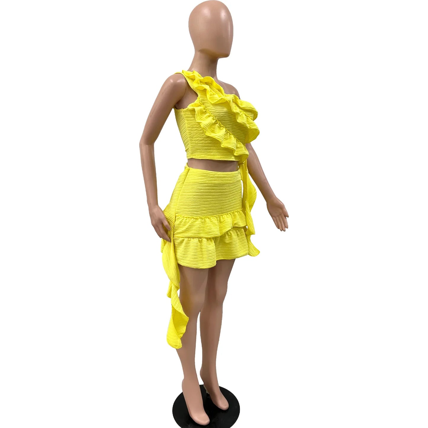 CM.YAYA Women Set Sleeveless One Shoulder Ruffles Tops and Mini Skirt Suits 2024 Sexy Cute beach Street Two 2 Piece Set Outfits
