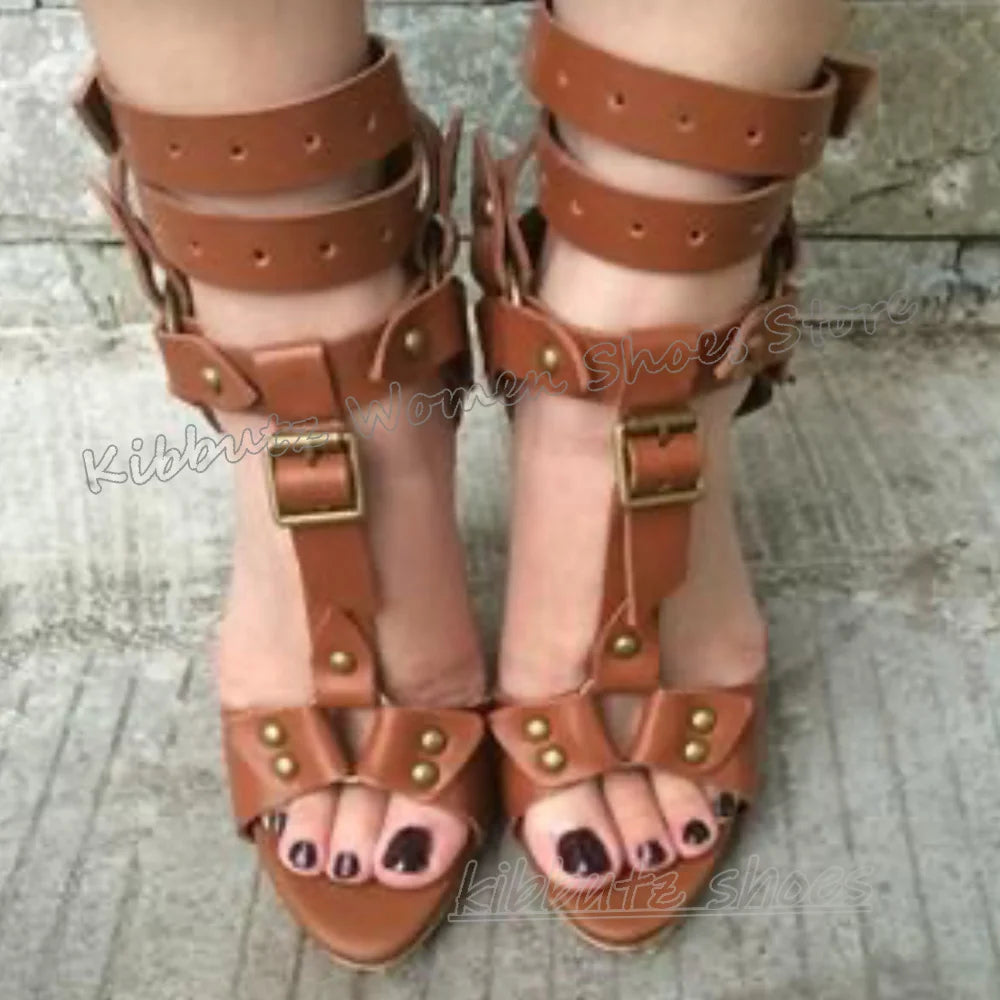 Rivets Belt Buckle Sandals Leather Solid Color Fashion Luxury Concise Sexy Women Shoes Round Toe Thin Heels Outdoor Summer New