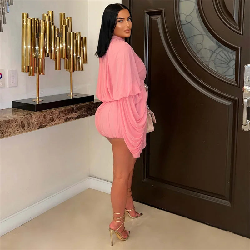 Doyerl Pleated Ruffles 2 Piece Set Woman Y2K Rave Clothing Festival Long Flare Sleeve Top and Short New in Matching Sets Outfits