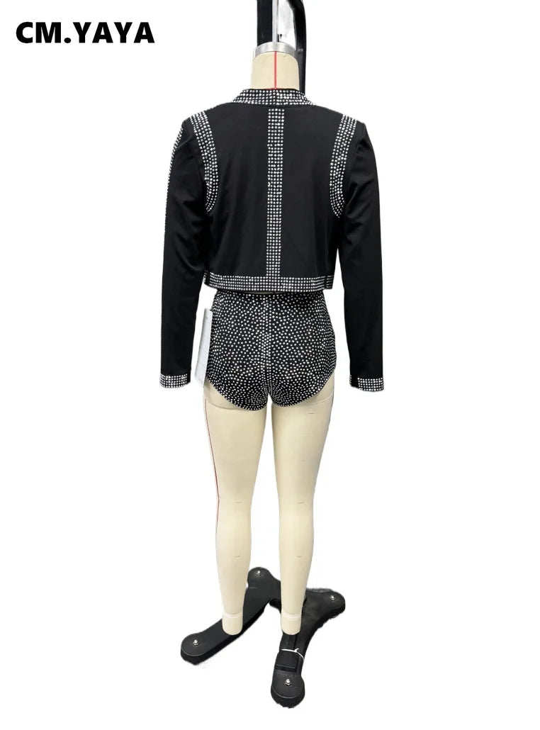 CM.YAYA Diamonds Hot Rhinestones Sexy Party Women's Set Open Stitch Blazer Top + Bra and Shorts 2025 Two 2 Piece Sets Outfits