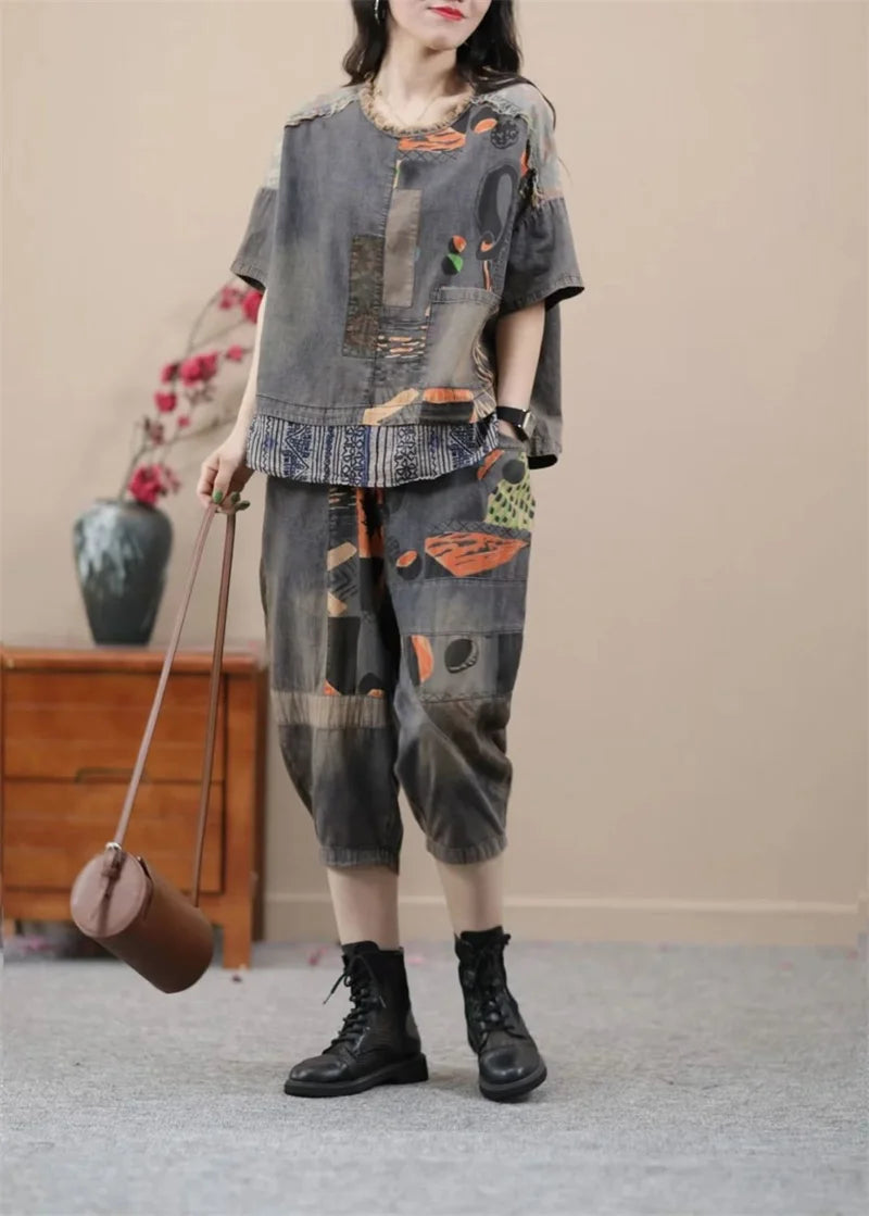 2024 Female Korean Ethnic Style Denim Harlan Pants Sets two-piece Women's Summer New Small Casual High-end Clothing Printing Set
