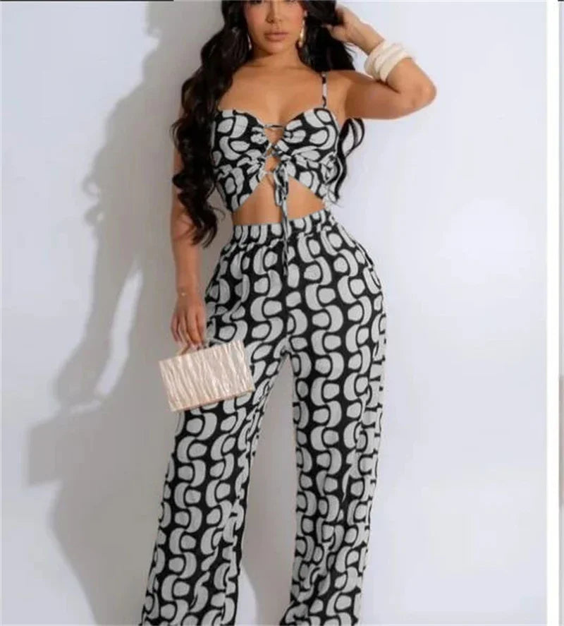 Black White Print 2 Piece Outfit Set Women Clubwear Hollow Out Spaghetti Strap Lace-up Crop Top and Wide Leg Pants Matching Sets
