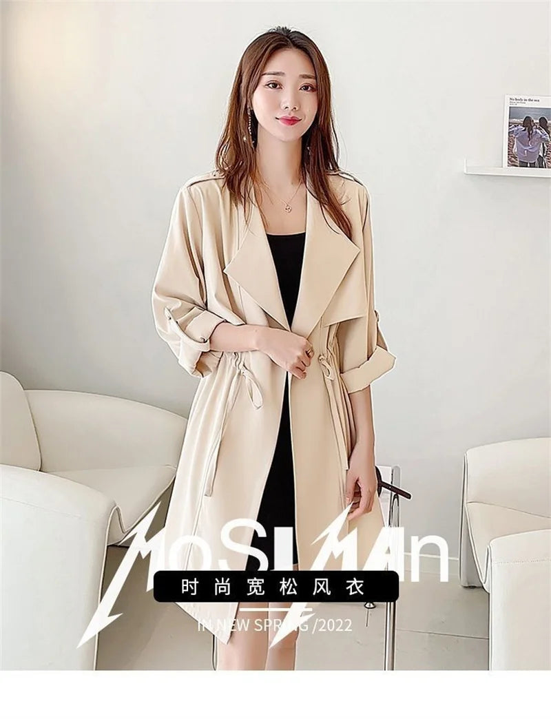 Autumn Windbreaker New Women's Thin Coat Korean Version 2023 Single-Layer Fashion Drawstring Slim Trench Coat Top with 3/4 Sleev