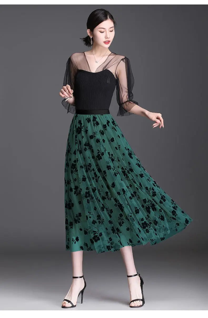 Flocking Floral Pirnted Long Mesh Skirt for Women, High Waist, Max Pleated Tutu, Tulle Skirt, Gauze Skirt, Female, 2025
