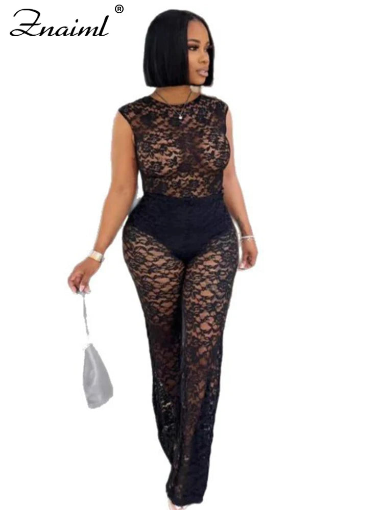 Znaiml Lace See Through Sexy Party Two Piece Set Sleeveless Bodysuits Top and Wide Leg Pants Women Summer Night Club Outfits