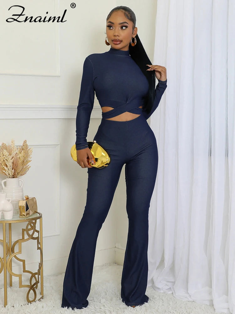 Znaiml Women's Full Sleeve Cross Hollow Out Crop Tops and Flare Pants Set Spring Fall Fitness Sports Blue Two 2 Piece Outfits
