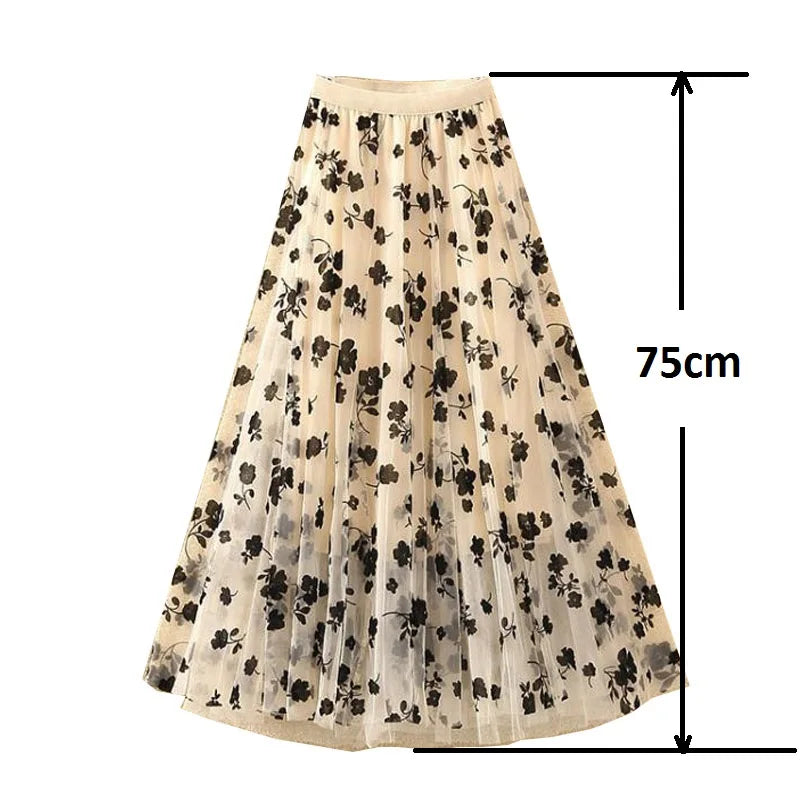 Flocking Floral Pirnted Long Mesh Skirt for Women, High Waist, Max Pleated Tutu, Tulle Skirt, Gauze Skirt, Female, 2025