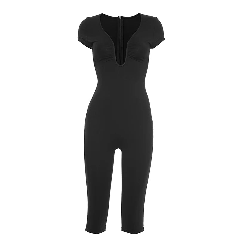 Patchwork Irregular Low-Neck Short Sleeve Stretch Playsuit for Women