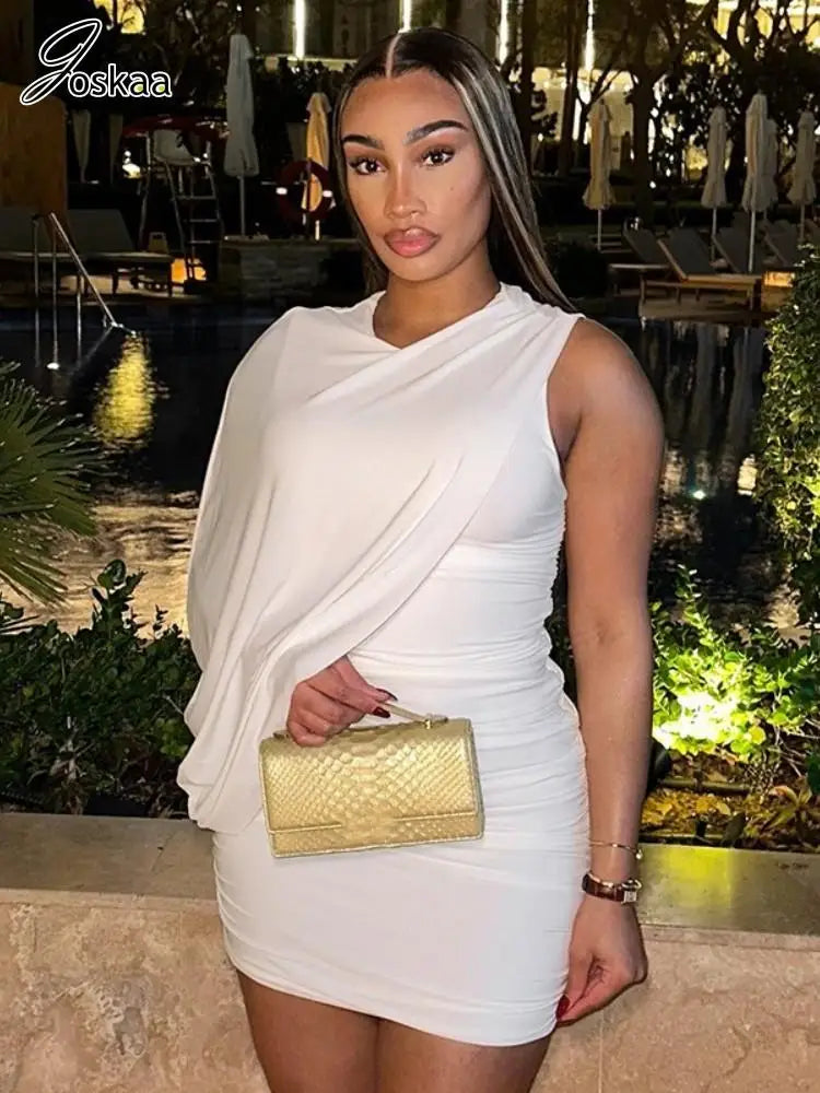 Joskaa Elegant Pleated O-Neck Asymmetric Single Sleeve Body-Shaping Mini Dresses for Women 2025 Summer Holiday Party Clubwear
