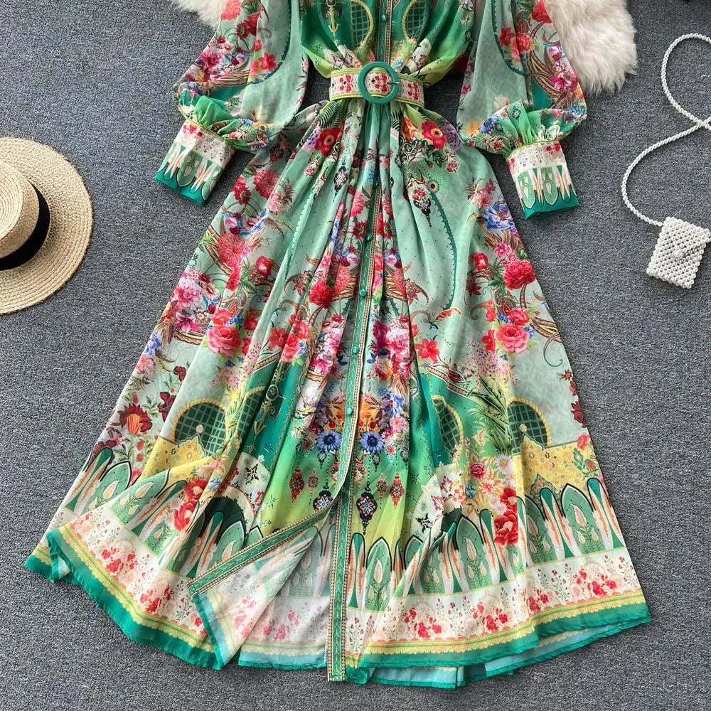 Women's Turtleneck Lantern Sleeve Single Breasted Flower Print Maxi Dress Autumn Bohemian Chiffon Green Belt Holiday Vestidos