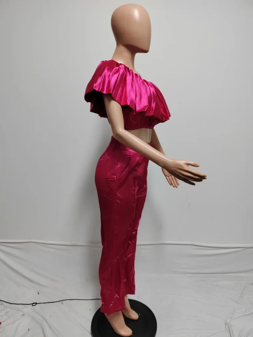 CM.YAYA Fashion Satin Women's Set Butterfly Sleeve Crop Top and Wide Leg Pants Suit 2024 Party Club Even Two 2 Piece Sets Outfit