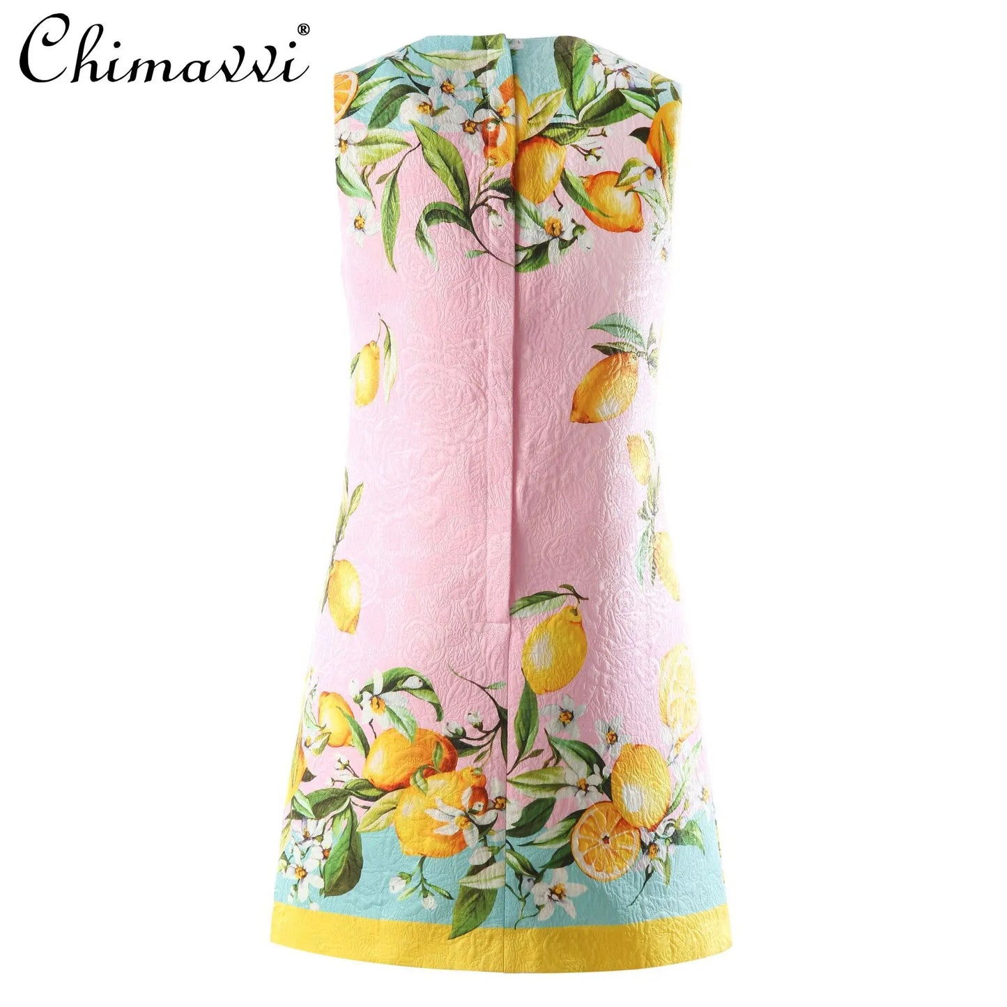 Vintage Jacquard Printed Lemon Vest A-line Dress Summer New Fashion Round Neck Sleeveless Slim Temperament Short Women's Dress