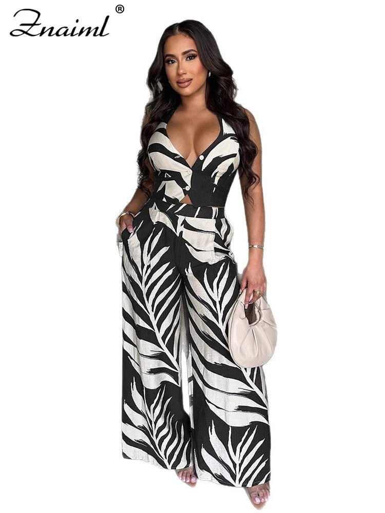 Znaiml Sexy Boho Leaf Printed Wide Leg Pants Sets for Women Halter Sleeveless Crop Tops and Trousers Two 2 Piece Vacation Outfit